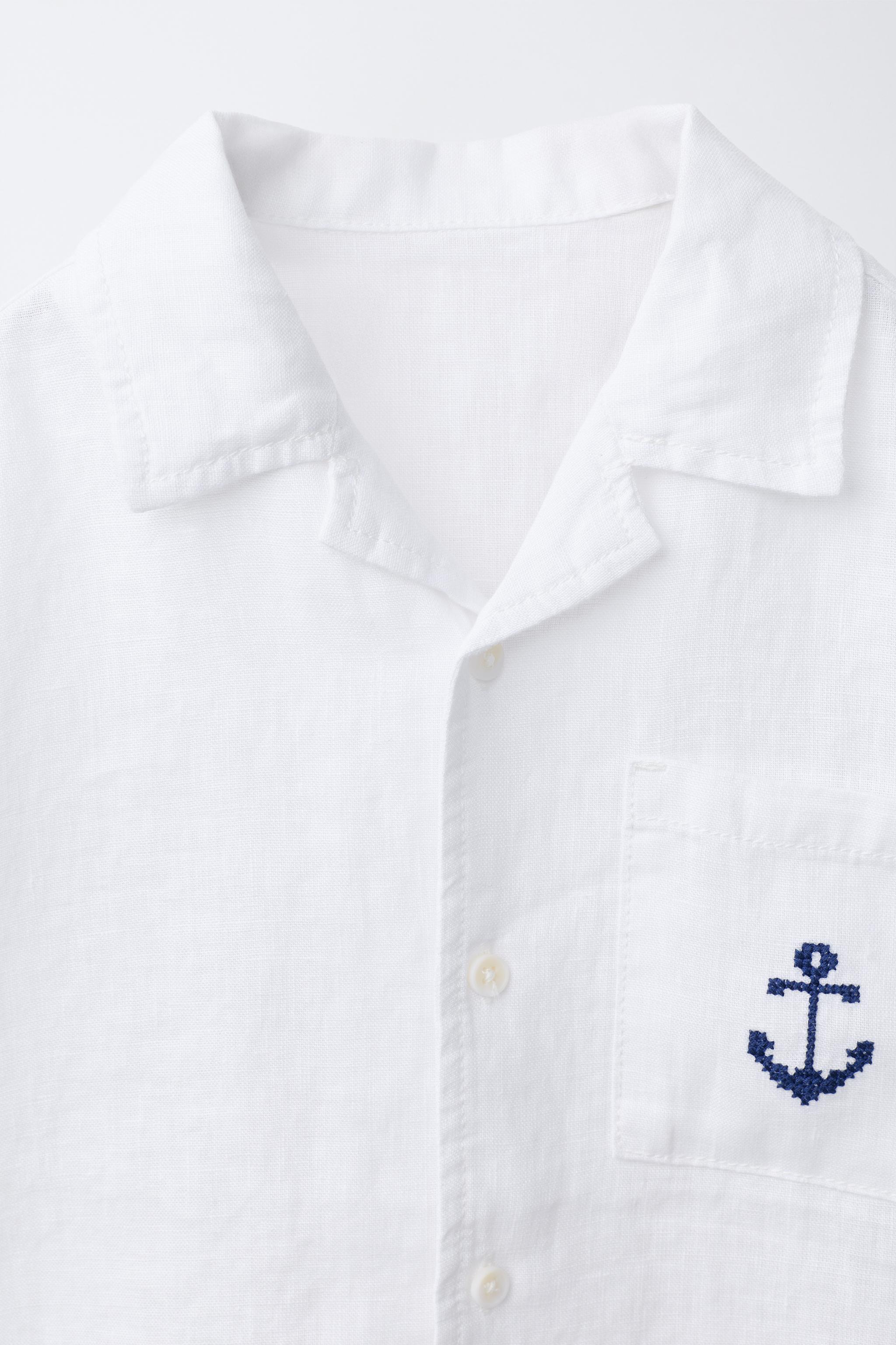ANCHOR EMBROIDERED LINEN SPREAD COLLAR SHIRT